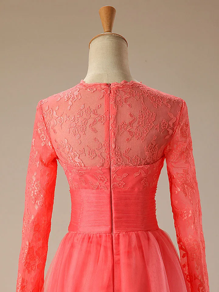 Coral Red Long Sleeves Lace Formal Prom Evening Dress