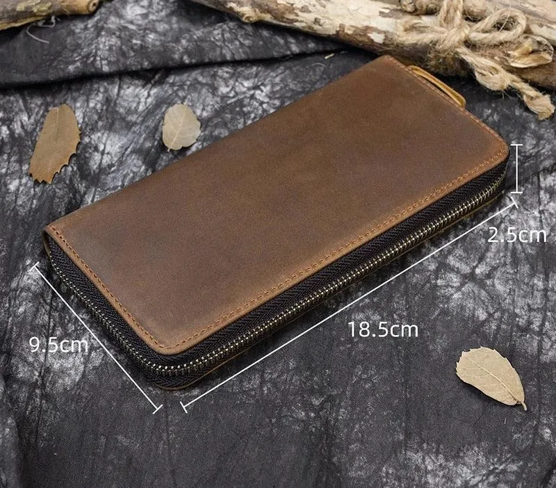 Crazy Horse Leather Wallets For Men And Women Double Zipper