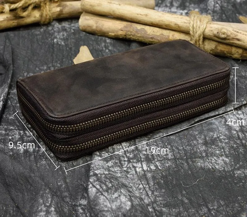 Crazy Horse Leather Wallets For Men And Women Double Zipper