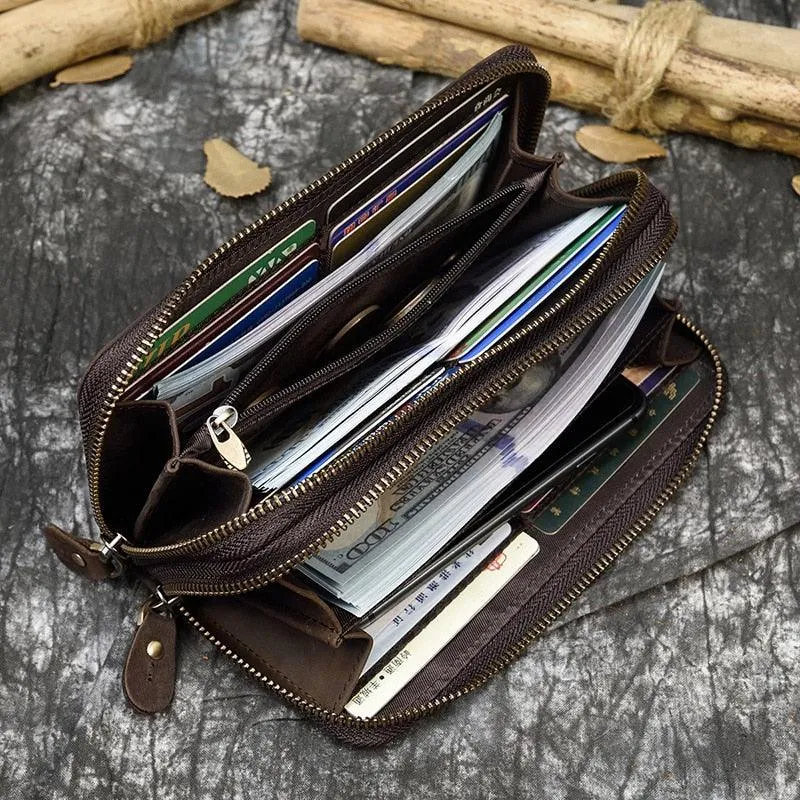 Crazy Horse Leather Wallets For Men And Women Double Zipper