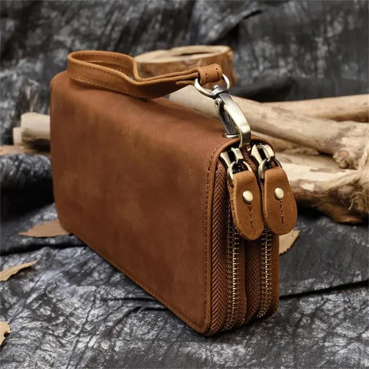 Crazy Horse Leather Wallets For Men And Women Double Zipper