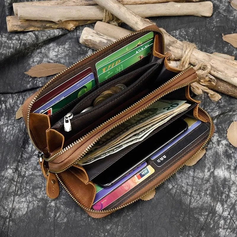 Crazy Horse Leather Wallets For Men And Women Double Zipper