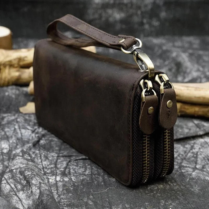Crazy Horse Leather Wallets For Men And Women Double Zipper