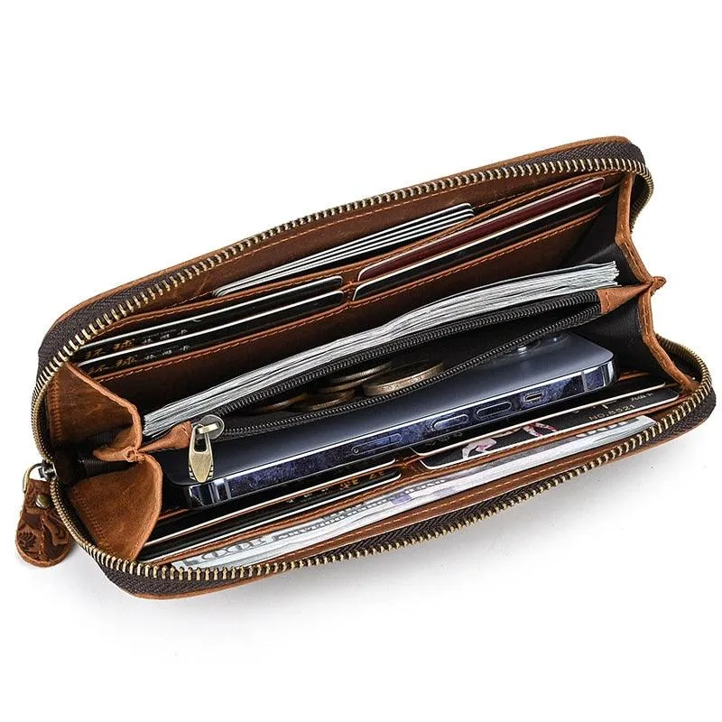 Crazy Horse Leather Wallets For Men And Women Double Zipper