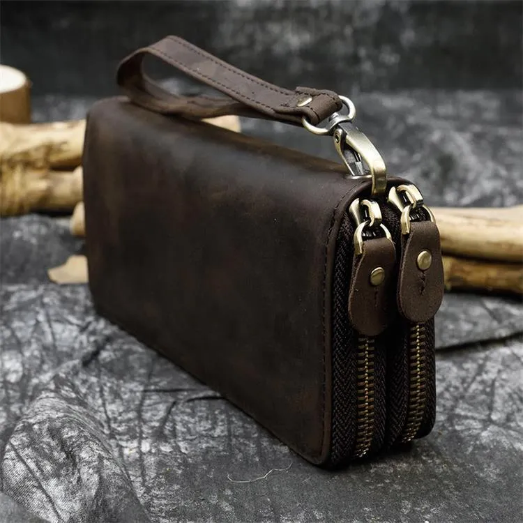Crazy Horse Leather Wallets For Men And Women Double Zipper