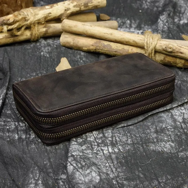 Crazy Horse Leather Wallets For Men And Women Double Zipper
