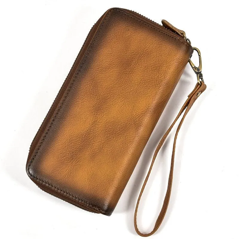 Crazy Horse Leather Wallets For Men And Women Double Zipper