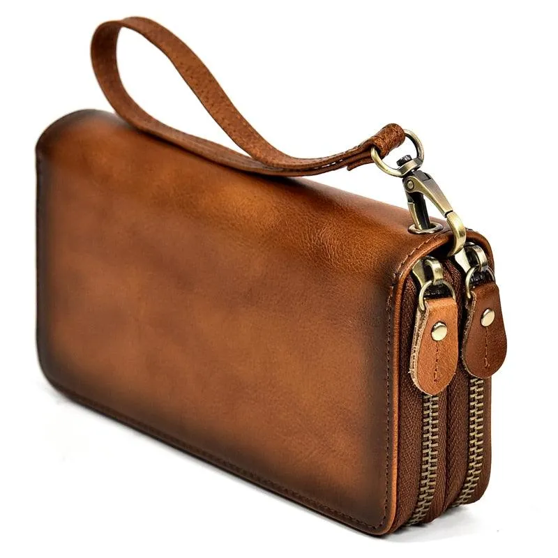 Crazy Horse Leather Wallets For Men And Women Double Zipper