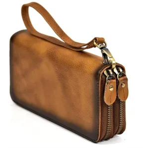 Crazy Horse Leather Wallets For Men And Women Double Zipper