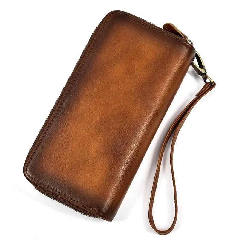 Crazy Horse Leather Wallets For Men And Women Double Zipper