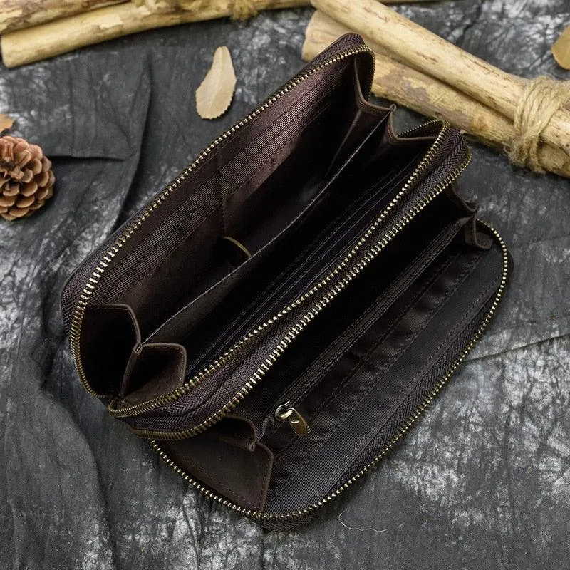 Crazy Horse Leather Wallets For Men And Women Double Zipper