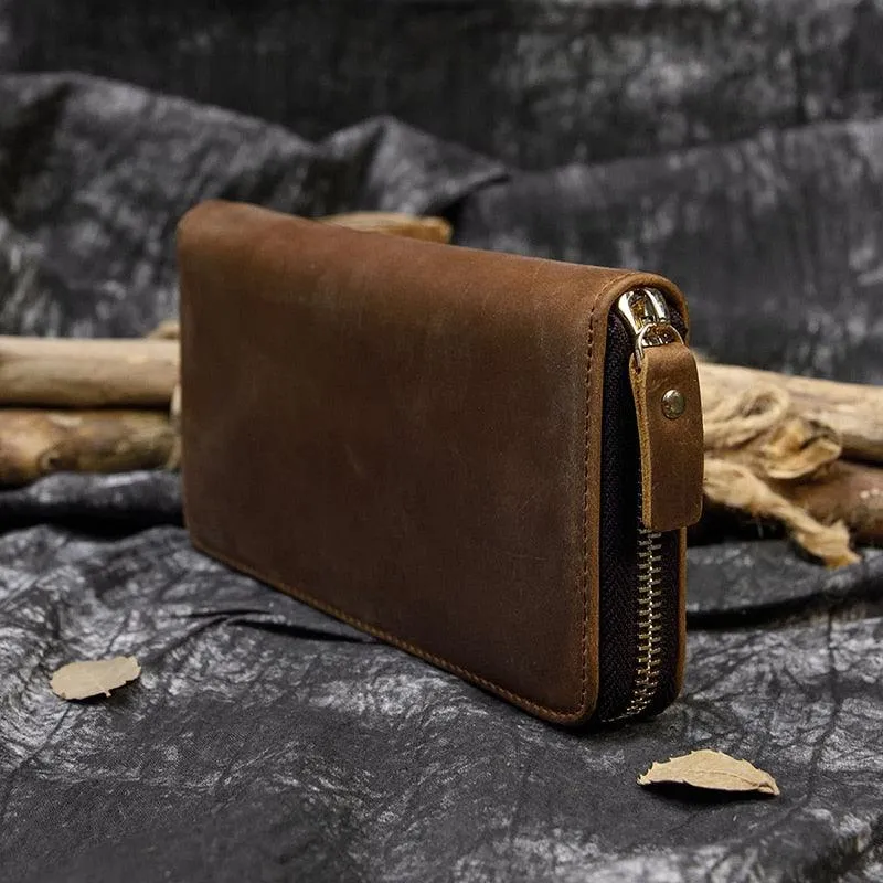 Crazy Horse Leather Wallets For Men And Women Double Zipper