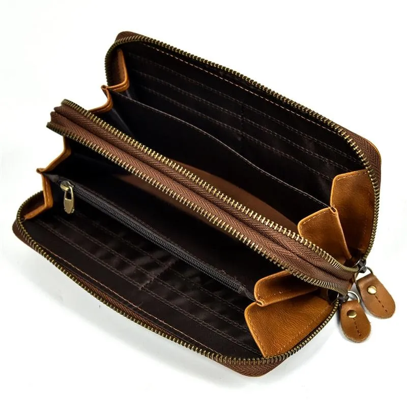 Crazy Horse Leather Wallets For Men And Women Double Zipper