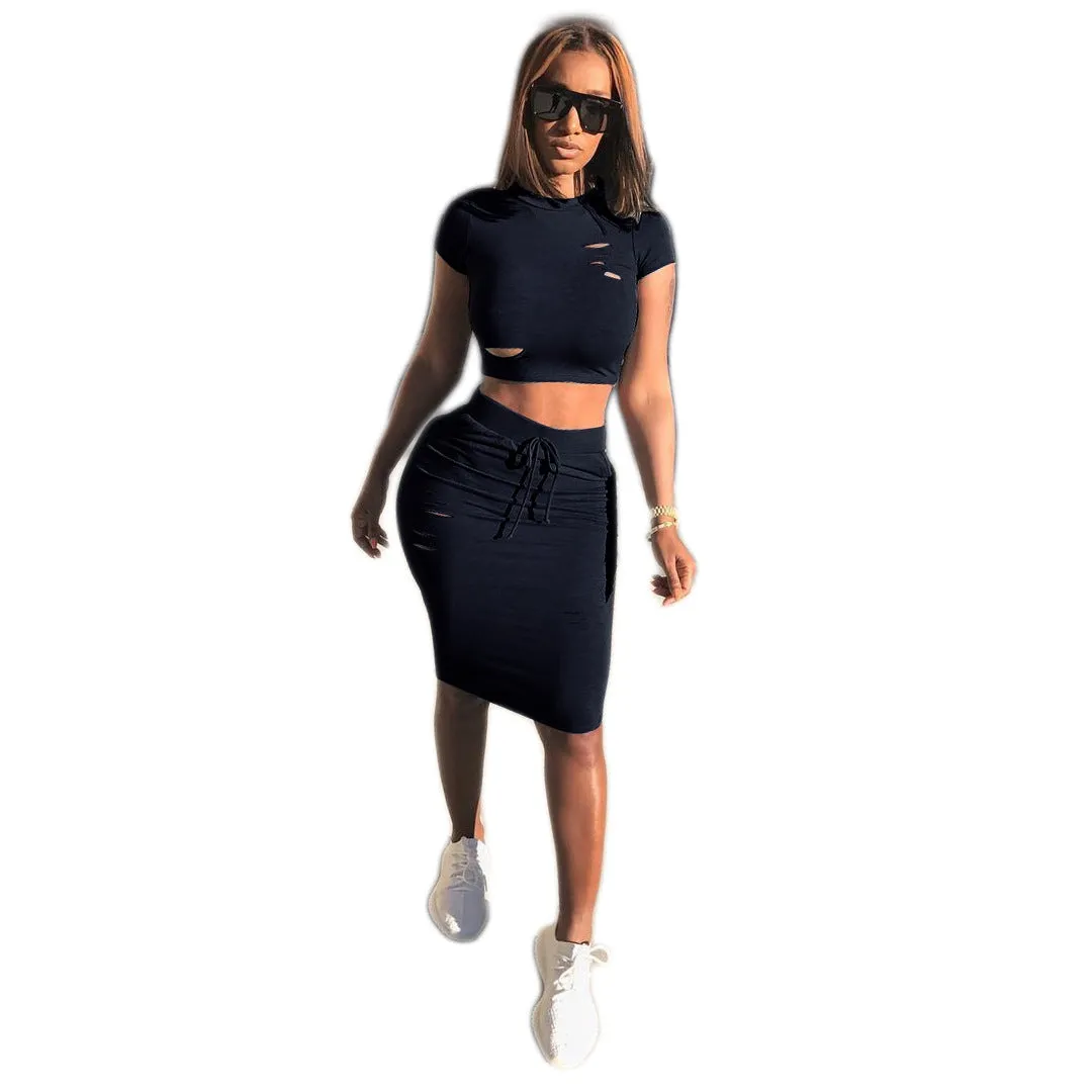 Cut Out Cropped T-shirt Knee-length Skirt Women Two Pieces Set