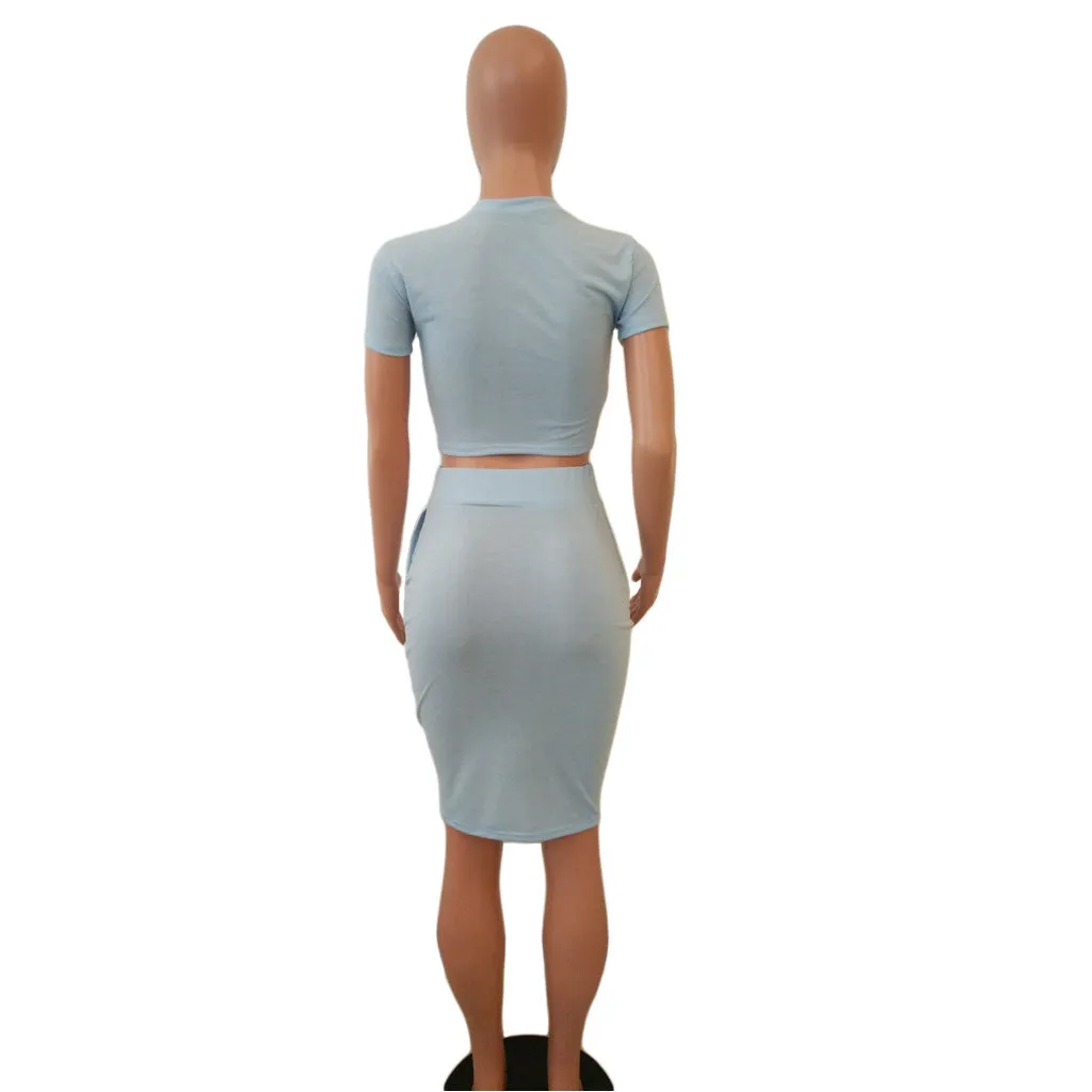 Cut Out Cropped T-shirt Knee-length Skirt Women Two Pieces Set