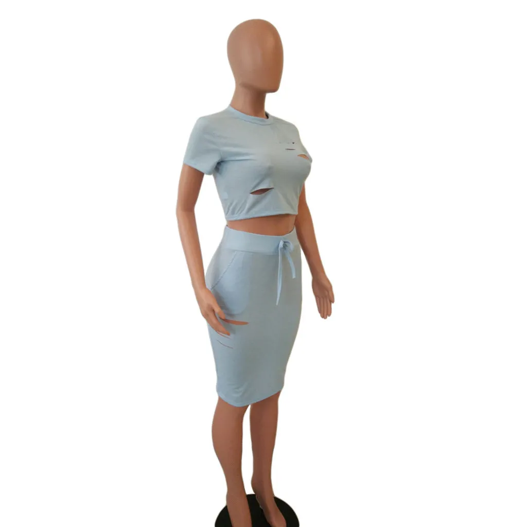 Cut Out Cropped T-shirt Knee-length Skirt Women Two Pieces Set