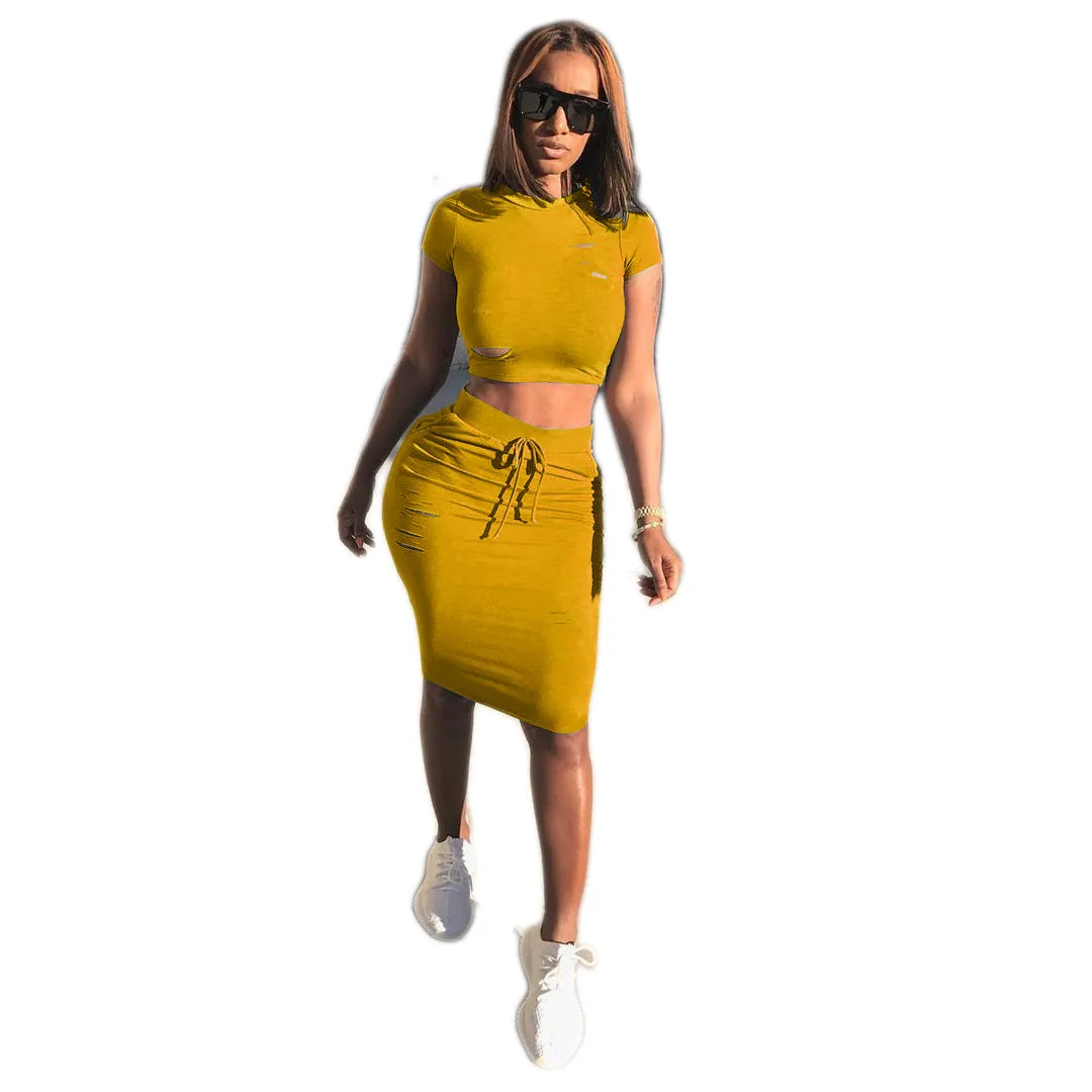Cut Out Cropped T-shirt Knee-length Skirt Women Two Pieces Set