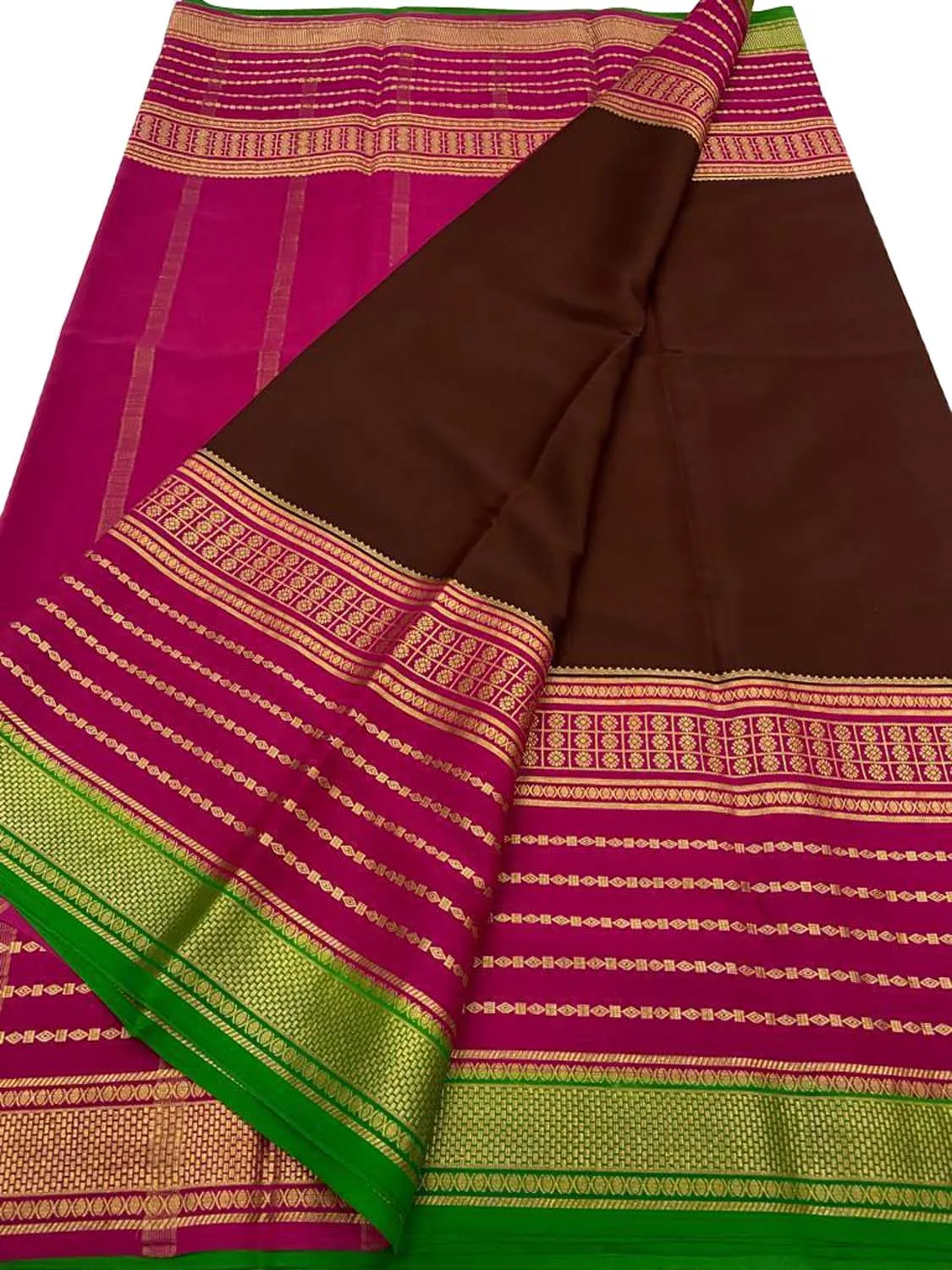Elegant Brown Mysore Handloom Pure Crepe Silk Saree