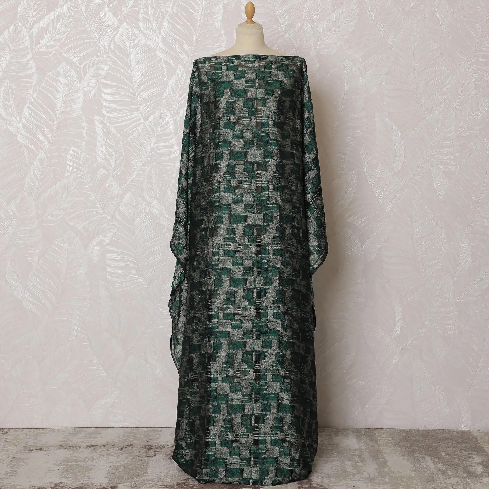 Elegant Forest Green and Black Abstract Pattern Pure French Silk (Fransawi Dirac) Chiffon Fabric – 140 cm Wide X 3.5 Mtrs-D19815