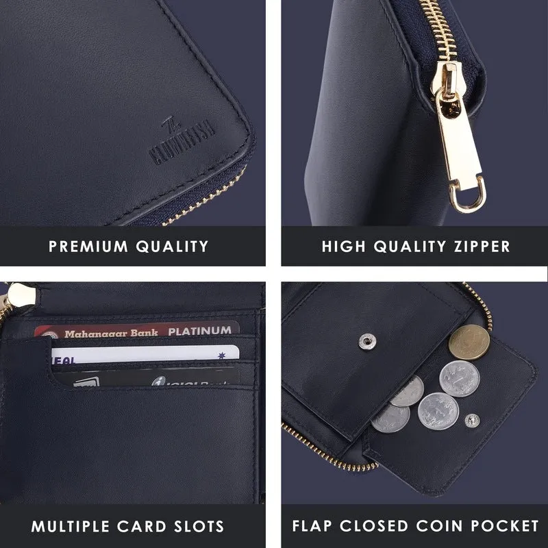 Genuine Leather Bi-Fold Zip Around Wallet with Coin Pocket | Multiple Card Slots | Slim Design | Zia Blue