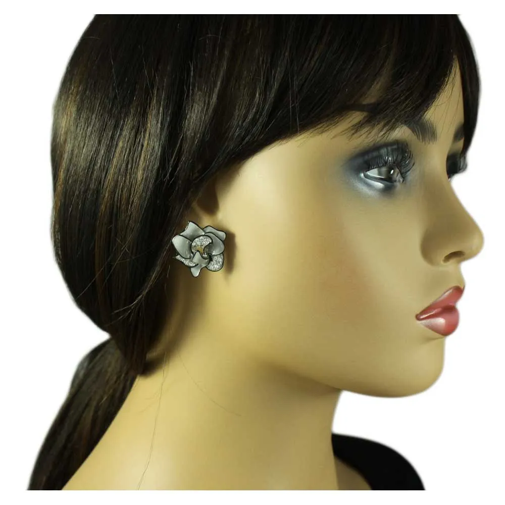 Gray and Black with Crystals Flower Pierced Earring - PRL055E