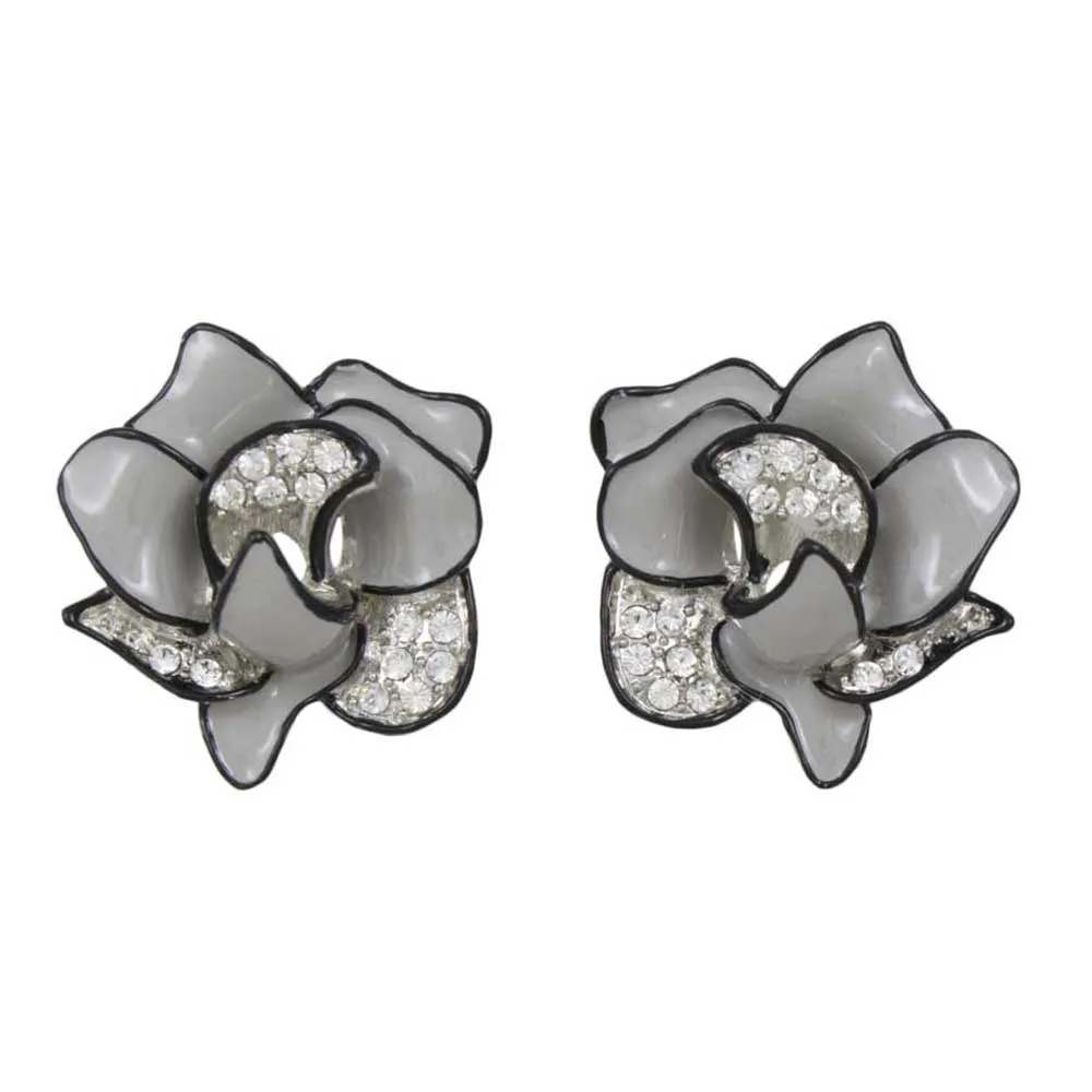 Gray and Black with Crystals Flower Pierced Earring - PRL055E