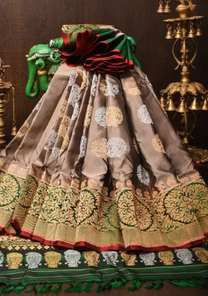 Gray Brown Gadwal with Damask Zari Motifs and Green Borders| SILK MARK CERTIFIED