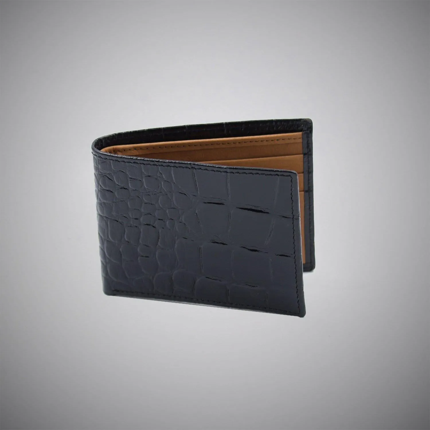High Gloss Black Crocodile Embossed Calf Leather Wallet With Tan Suede Interior