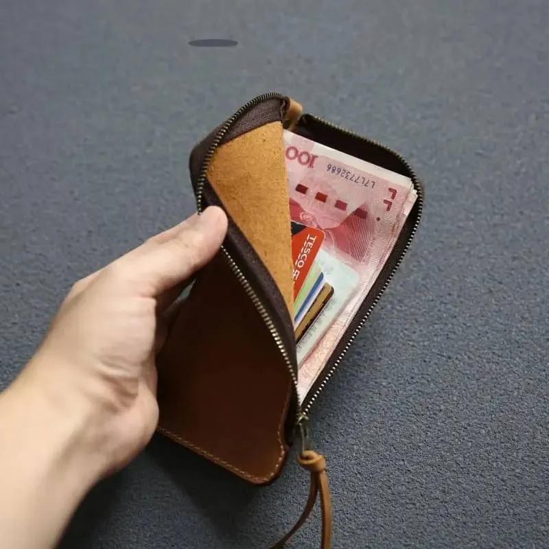 Leather Belt Zipper Wallet with First Layer Cowhide & Frosted Finish
