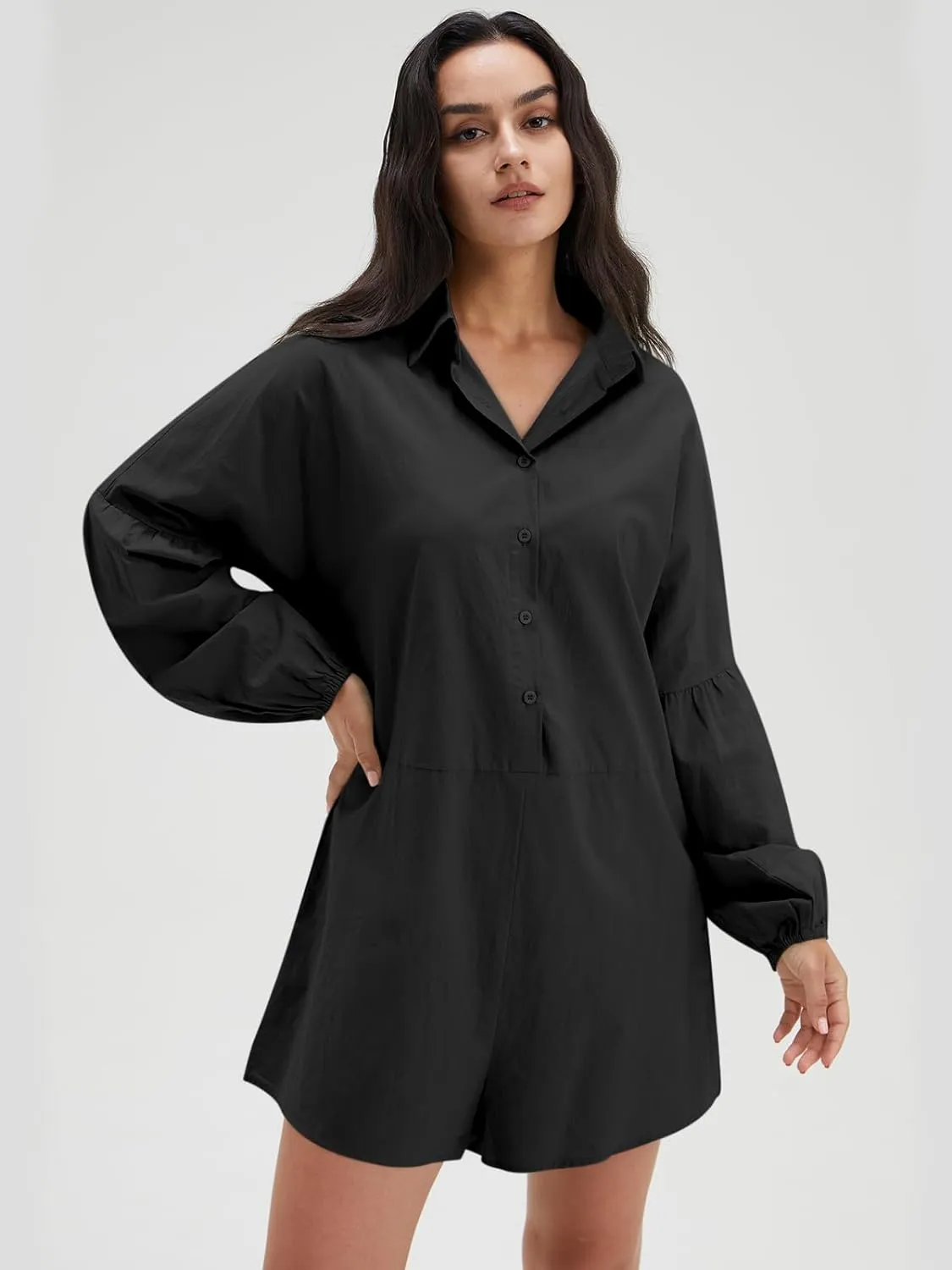 Long Sleeve V Neck Buttoned Shorts Jumpsuit