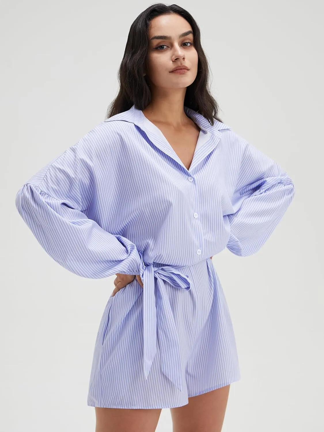 Long Sleeve V Neck Buttoned Shorts Jumpsuit