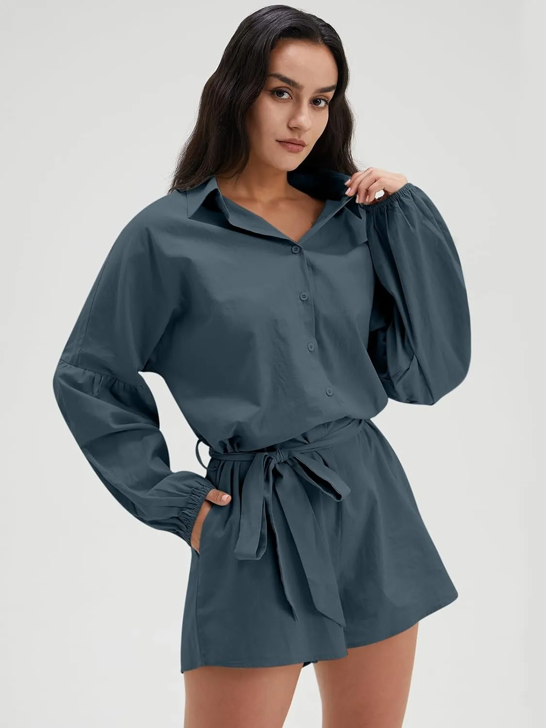 Long Sleeve V Neck Buttoned Shorts Jumpsuit