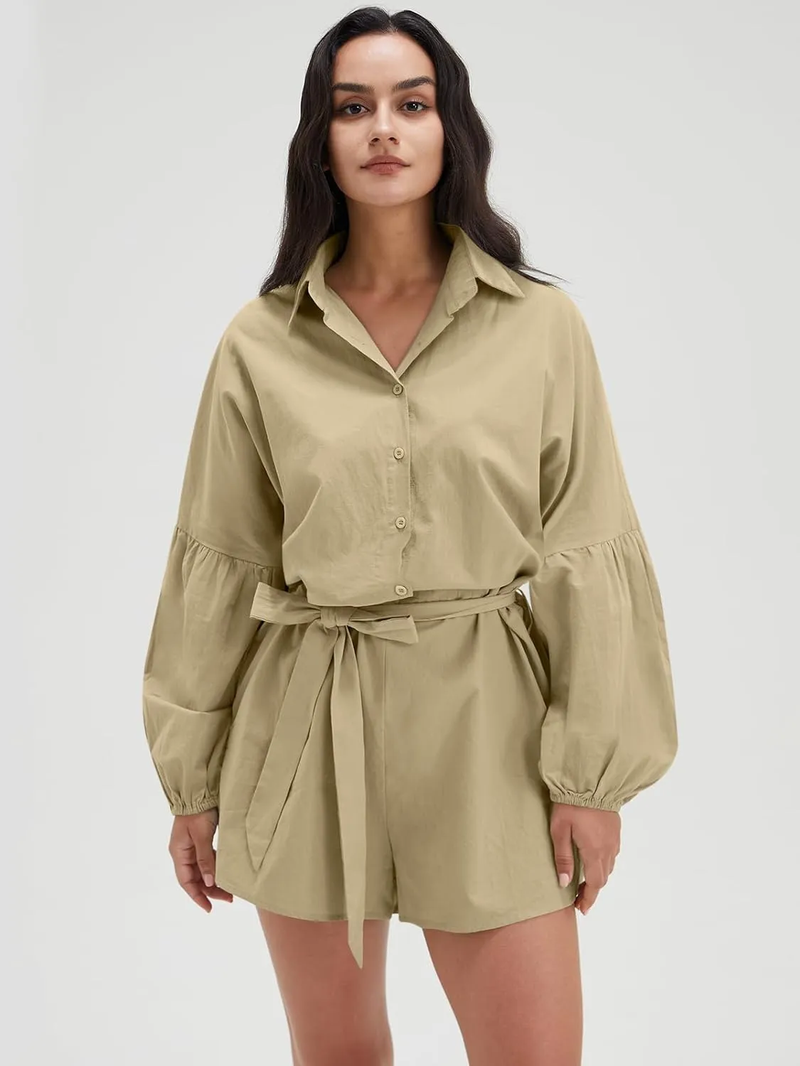 Long Sleeve V Neck Buttoned Shorts Jumpsuit
