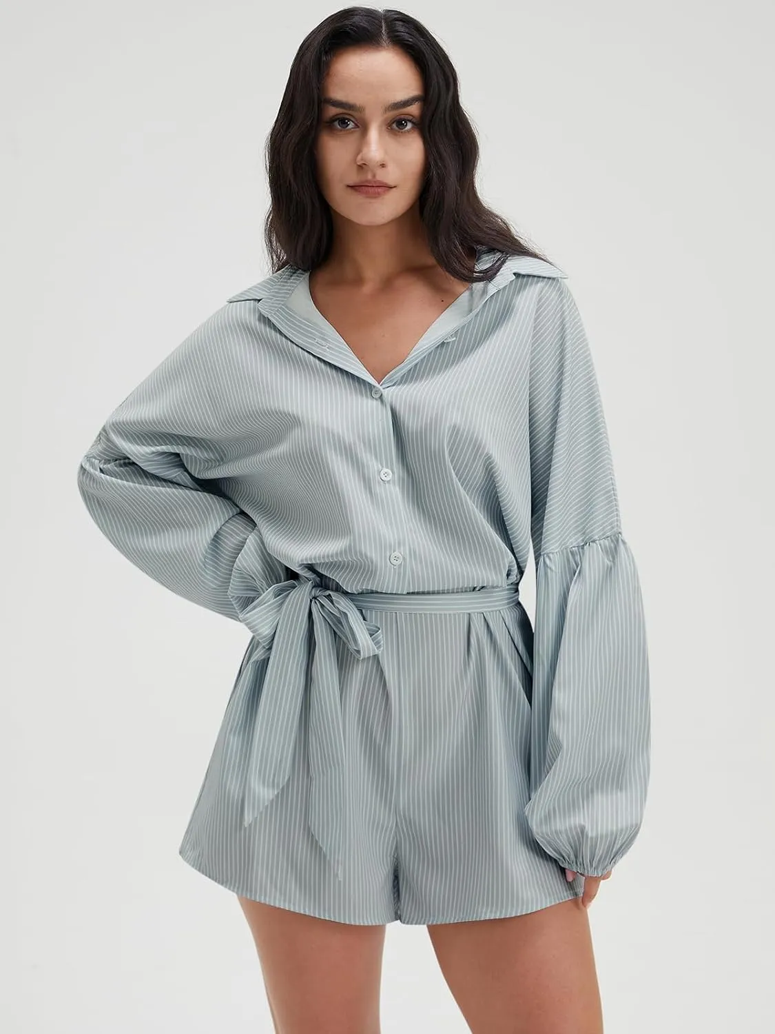 Long Sleeve V Neck Buttoned Shorts Jumpsuit