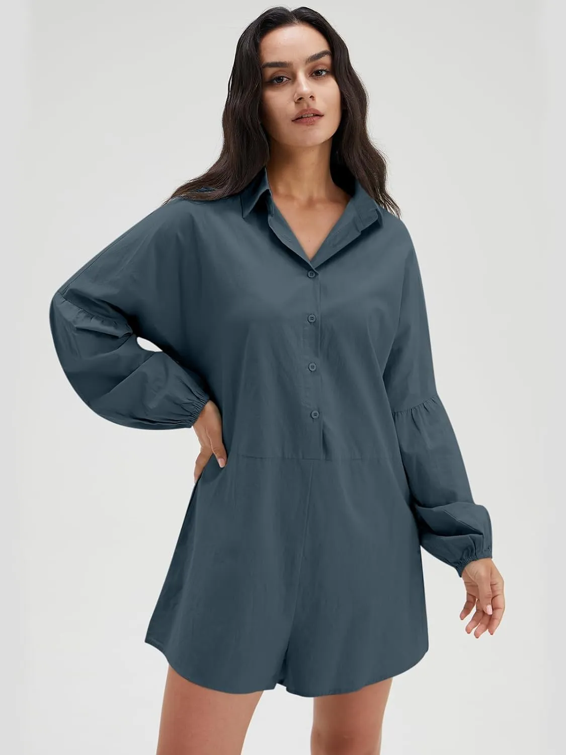 Long Sleeve V Neck Buttoned Shorts Jumpsuit