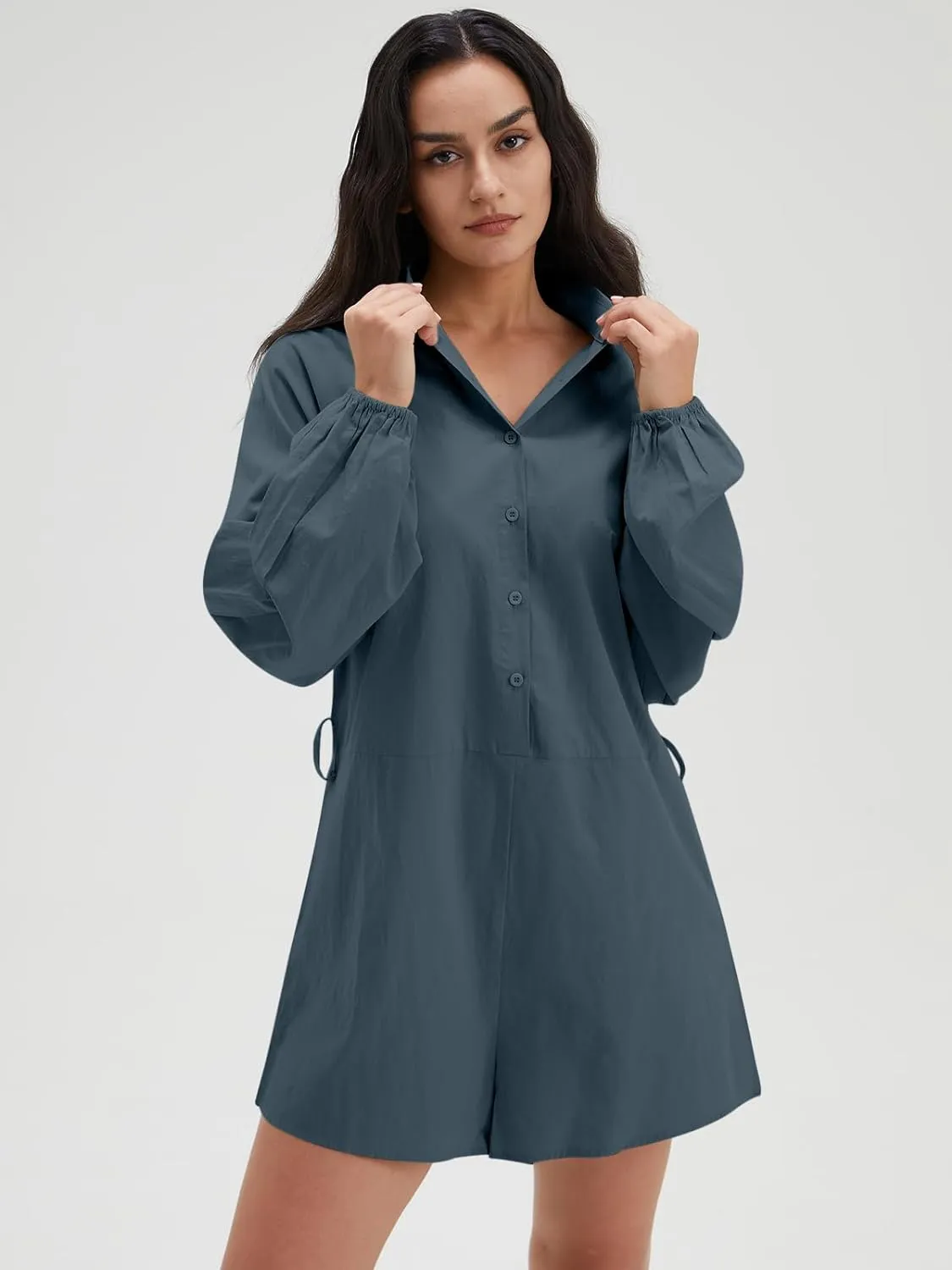 Long Sleeve V Neck Buttoned Shorts Jumpsuit