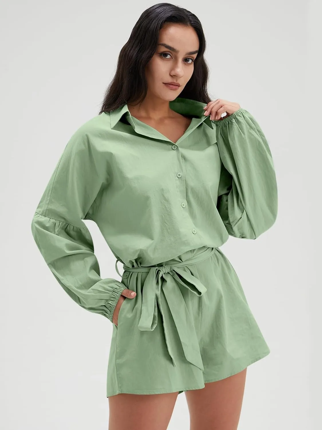 Long Sleeve V Neck Buttoned Shorts Jumpsuit