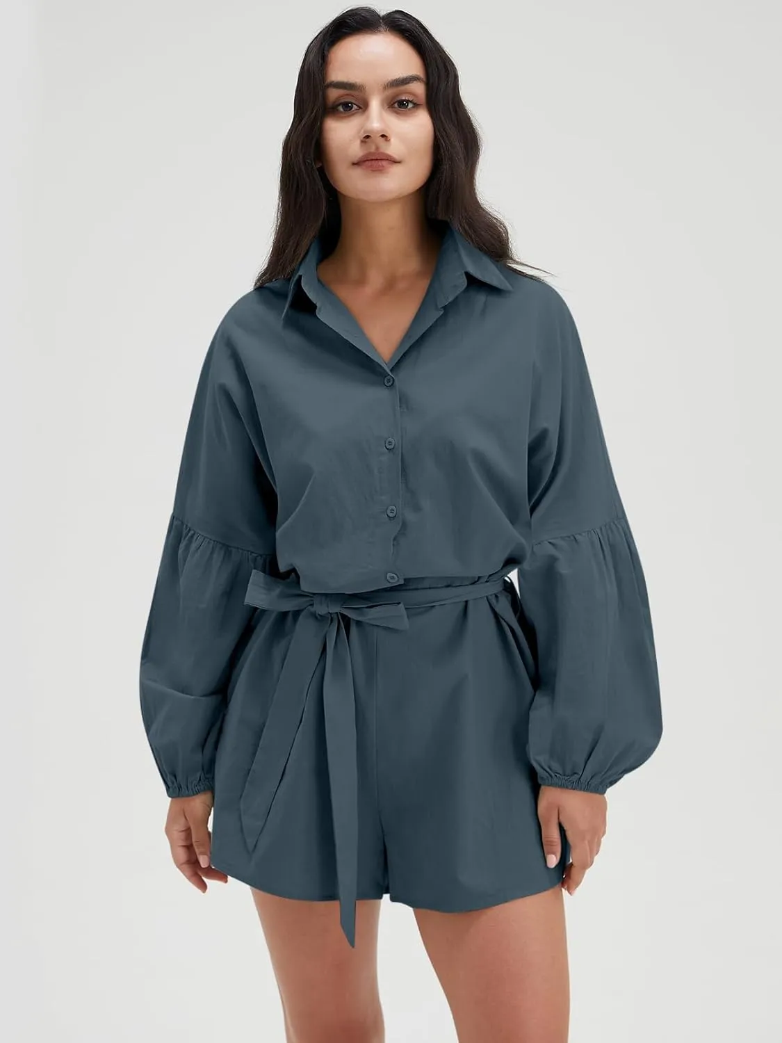 Long Sleeve V Neck Buttoned Shorts Jumpsuit