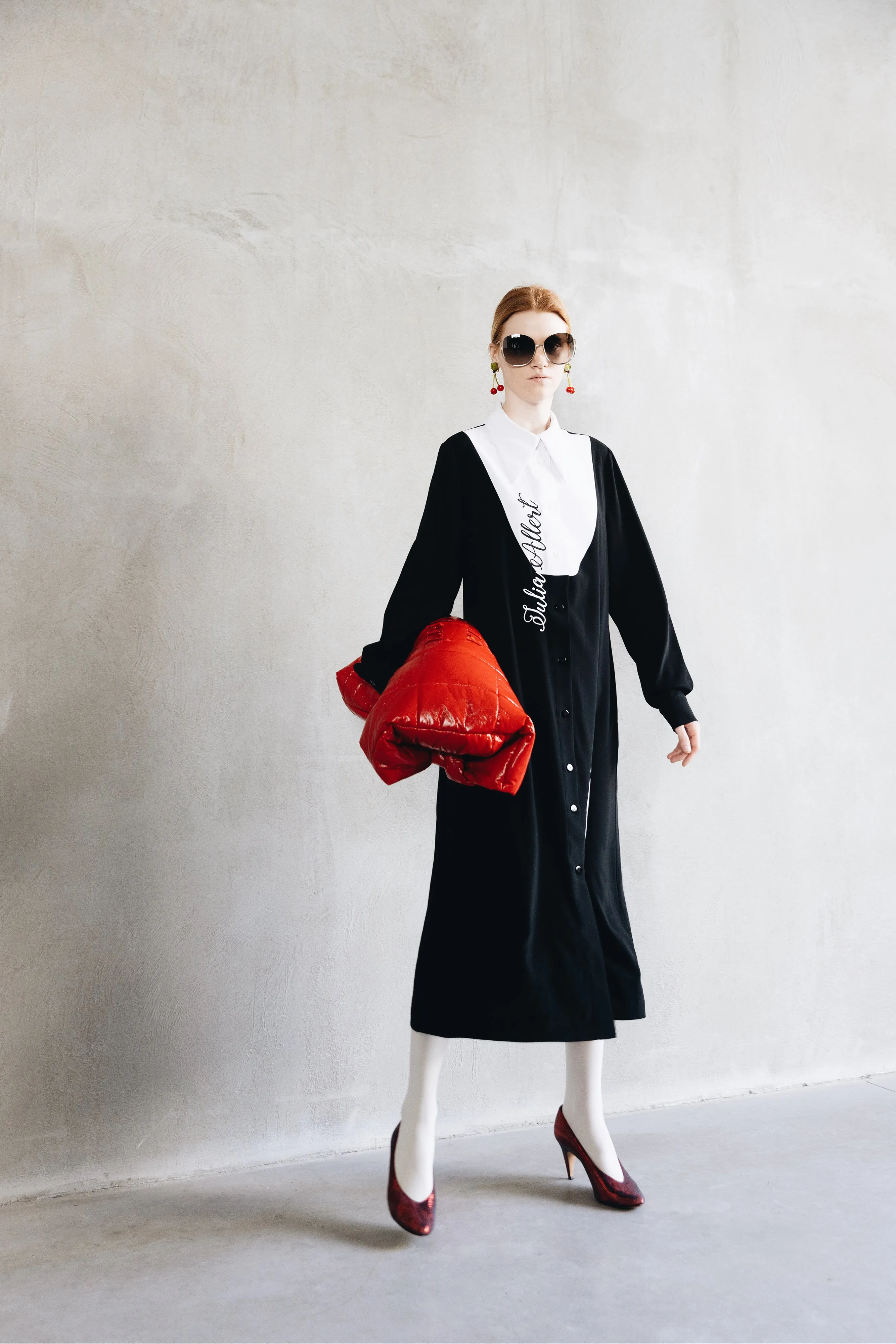 Loose Fit Midi Dress Shirt Black White