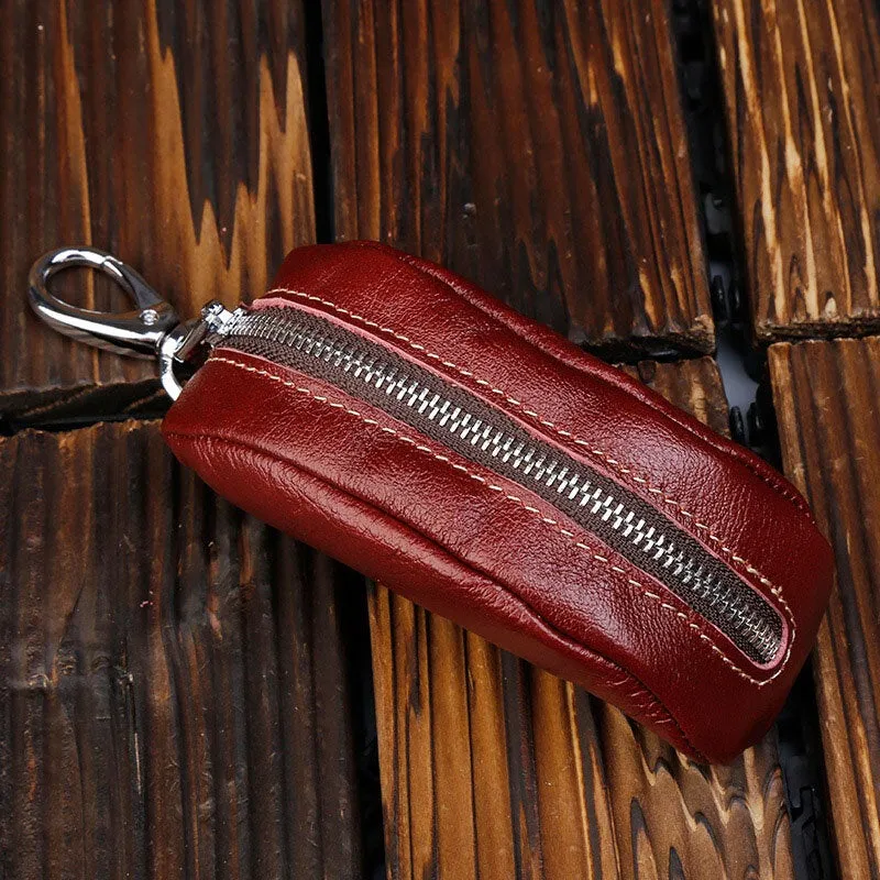 Men First Layer Cowhide Keychain Wallet Retro Casual Internal Zipper