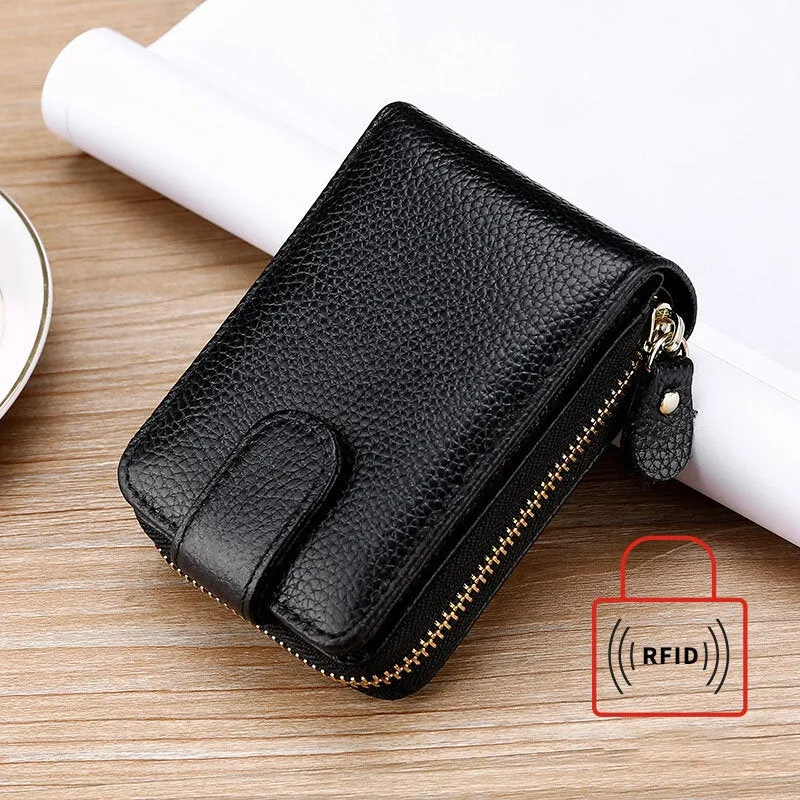 Men Genuine Leather Casual Portable Multi-Card Slot RFID Anti-Theft Zipper Hasp Driver License Card Holder Wallet