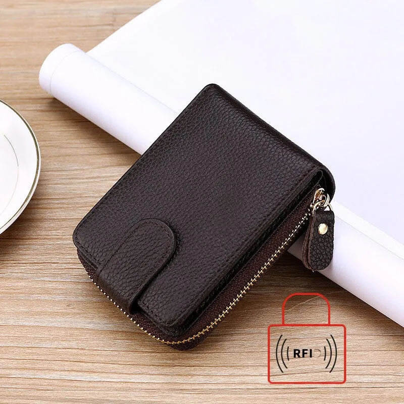 Men Genuine Leather Casual Portable Multi-Card Slot RFID Anti-Theft Zipper Hasp Driver License Card Holder Wallet