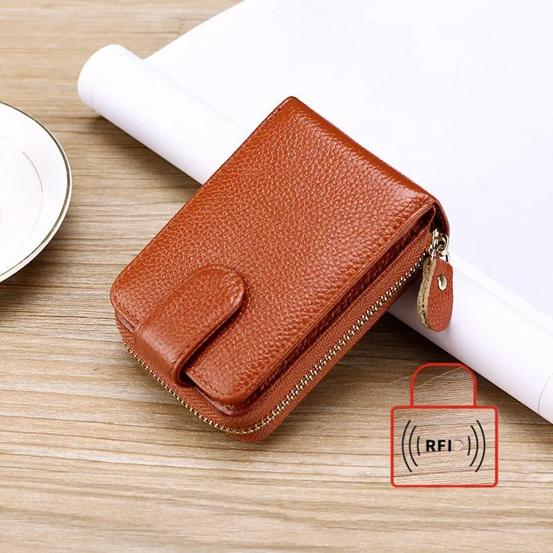 Men Genuine Leather Casual Portable Multi-Card Slot RFID Anti-Theft Zipper Hasp Driver License Card Holder Wallet