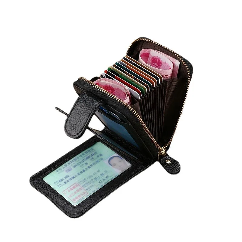 Men Genuine Leather Casual Portable Multi-Card Slot RFID Anti-Theft Zipper Hasp Driver License Card Holder Wallet