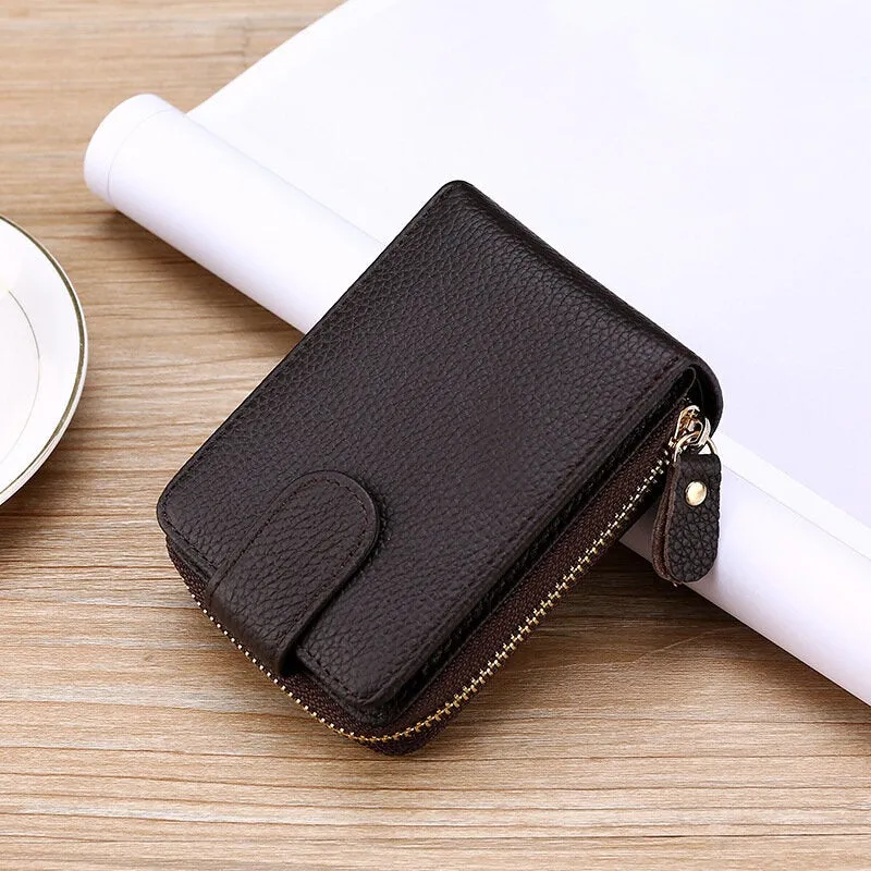 Men Genuine Leather Casual Portable Multi-Card Slot RFID Anti-Theft Zipper Hasp Driver License Card Holder Wallet