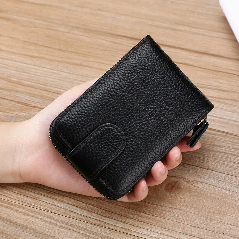 Men Genuine Leather Casual Portable Multi-Card Slot RFID Anti-Theft Zipper Hasp Driver License Card Holder Wallet