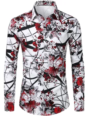 Men's Floral Print Cotton Casual Button Down Long Sleeve Shirt