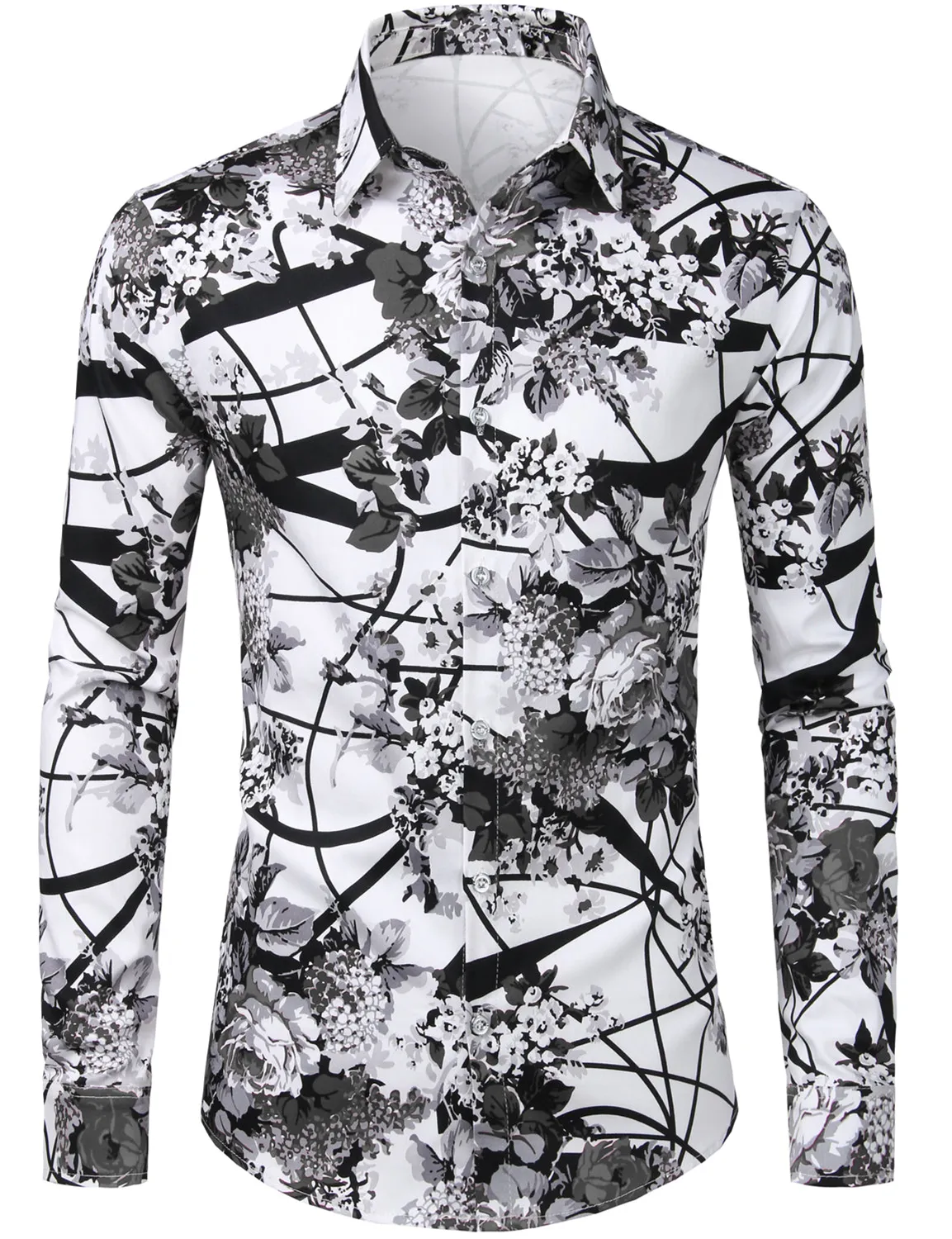 Men's Floral Print Cotton Casual Button Down Long Sleeve Shirt