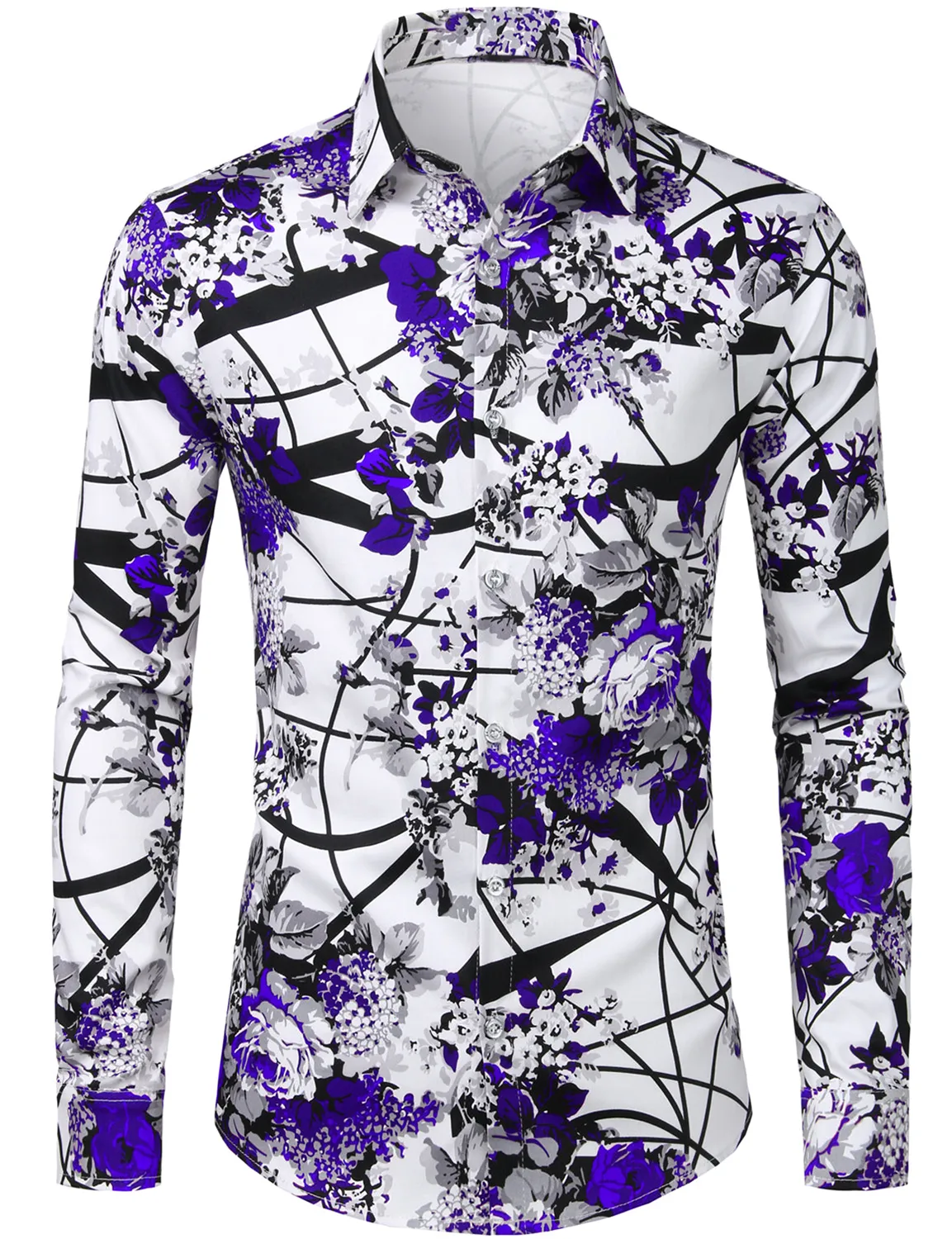 Men's Floral Print Cotton Casual Button Down Long Sleeve Shirt