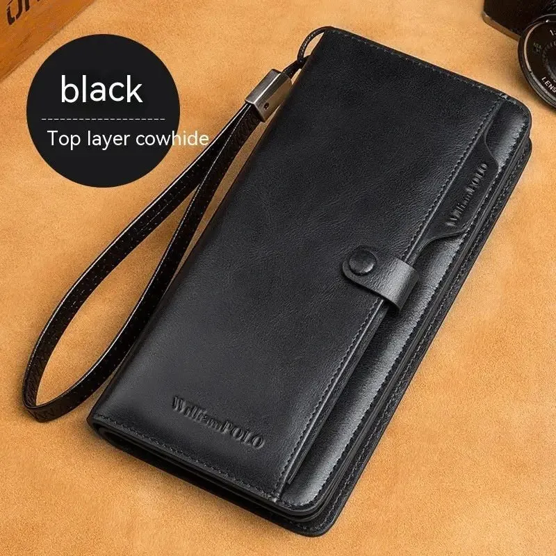 Men's Long Wallet with Genuine Leather & Multiple Compartments - 1st Layer Cowhide - 3 Colors